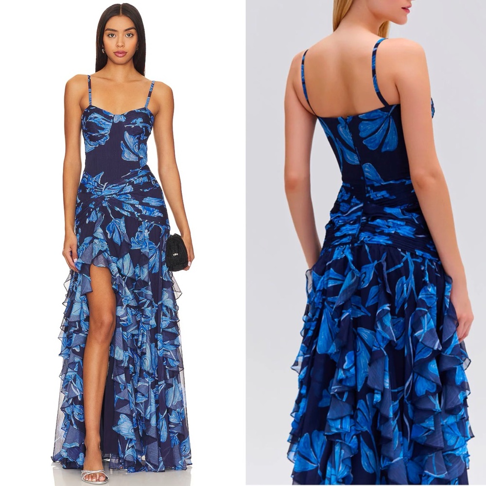 PatBO Nightflower Bustier Floral Indigo Slit Blue Ruffle Maxi Dress 0